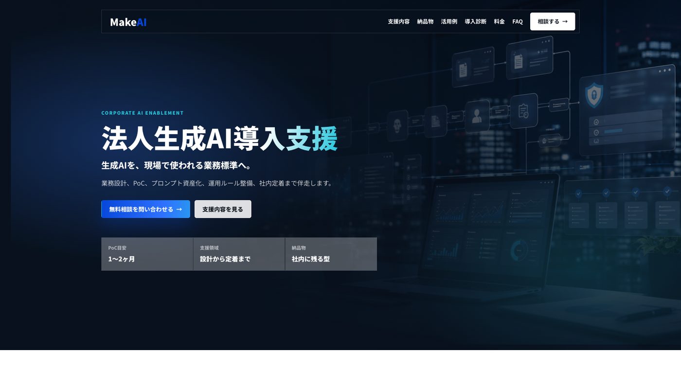 法人向けAI導入支援サイトのファーストビュー